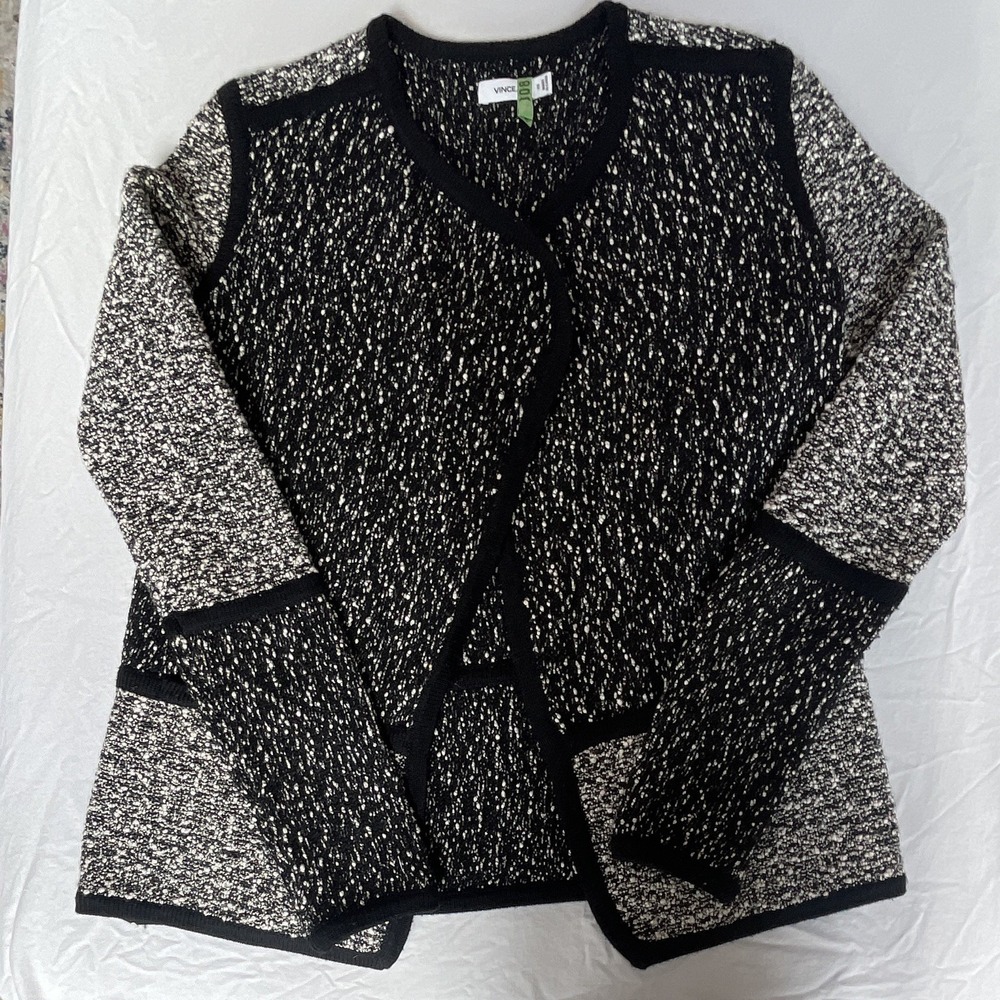 Vince Black‎ White Marled Boucle Knit Open Front Cardigan Sweater Wool Blend XS